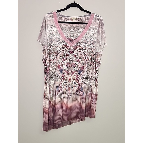 Live & Let Live Womens 3X Pinks Stretch Tunic Top V Neck SS Crochet Lace Trim - Picture 1 of 12